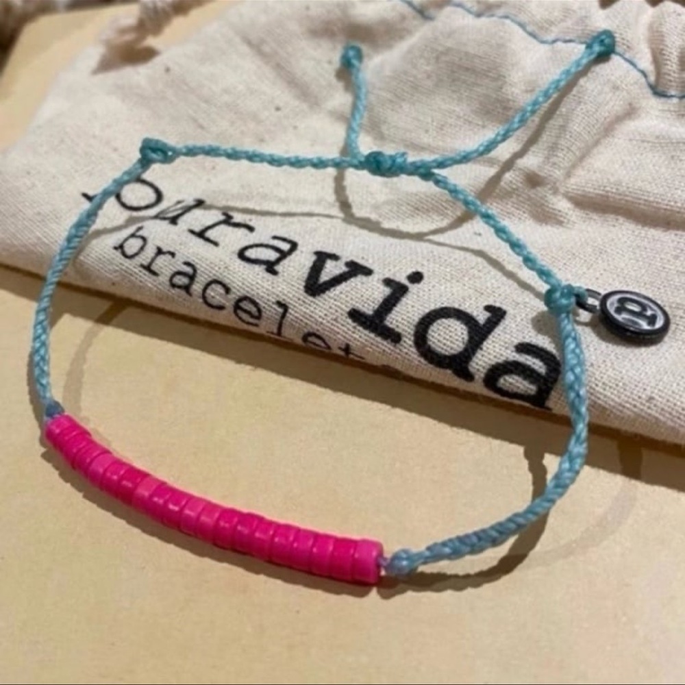 PURA VIDA Turquoise Mini Braid Bracelet with Wooden Pink Beads NEW rare!